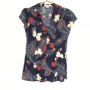 Charlotte Russe Womens Blue Floral Cap Sleeve Button Down Blouse Top Size S -GUC